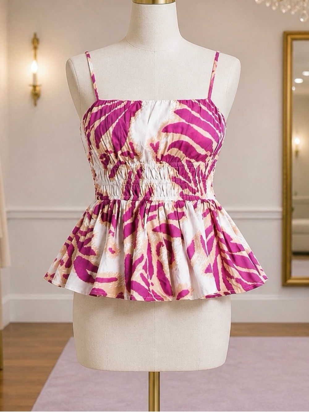 Tanya Taylor BYSNM Polina Top Smocked Peplum Strappy Sz S NWT $225